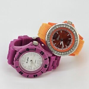 2X 36MM Women's Watch‎ White Orange Dial Purple Orange Plastic Bands New Battery